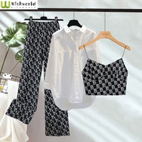 large spring and summer womens suit 2022 new fashion casual thin vest shirt high waist wide leg pants three piece set