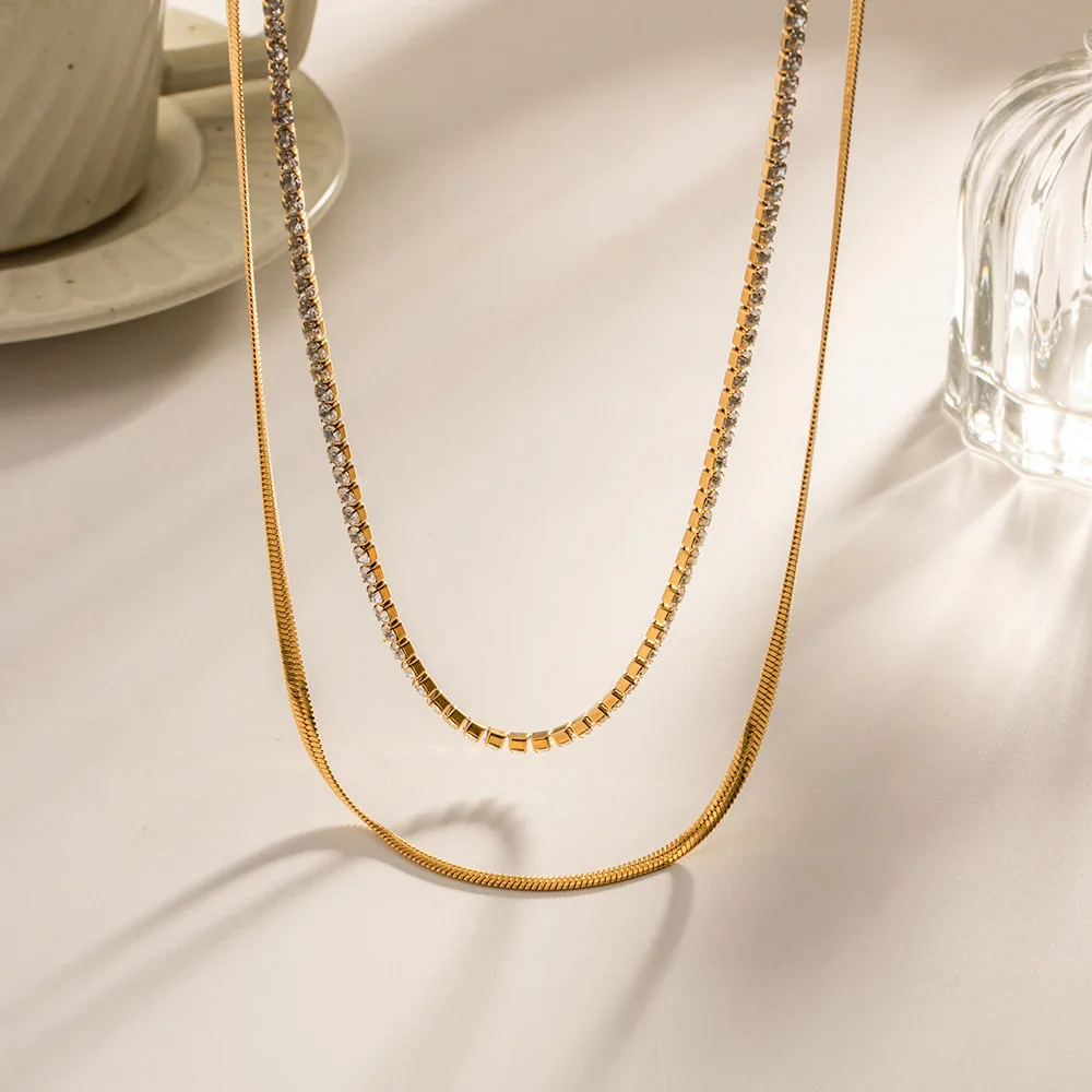 

Shiny White Zircon Snake Bone Chain Double Layer Stainless Steel Necklace 18K Gold Plating Waterproof Jewelry Women