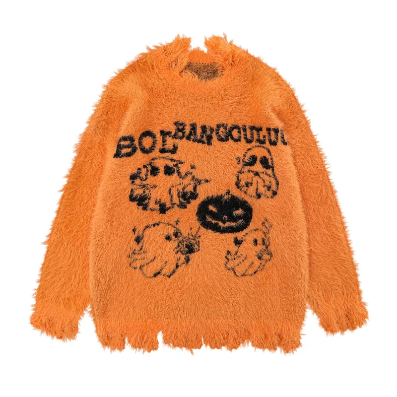 

Autumn Winter Wide Furry Jacquard Round Neck Warm Knitted Sweater Oversize Women Patterns Halloween Costumes Christmas
