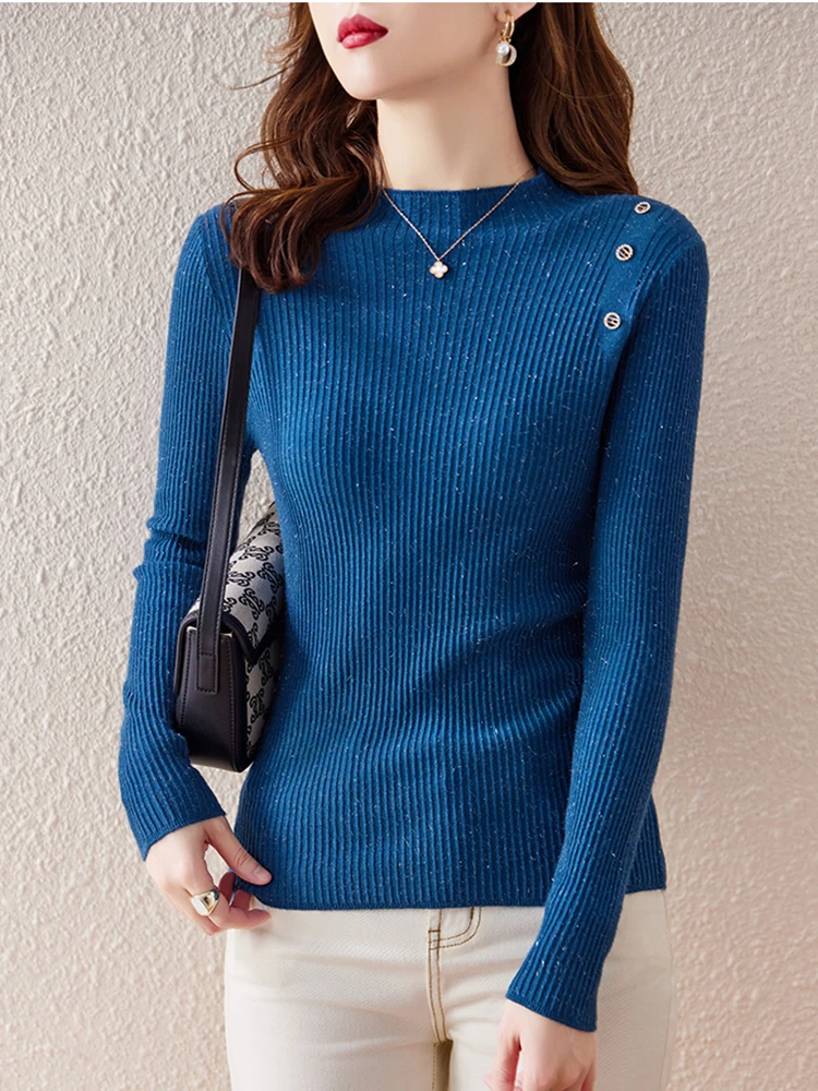 

Womens Sweater Pullover Slim Long Sleeve Top Korean Fashion Basic All-match Pull Femme 2022 Buttuon Casual Autumn Winter Clothes