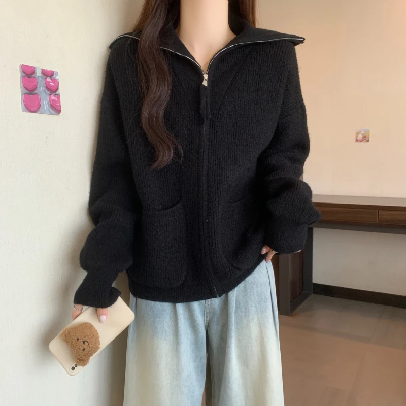 Осень-зима женский кардиган свитер пальто женские темно-синие свободные вязаные