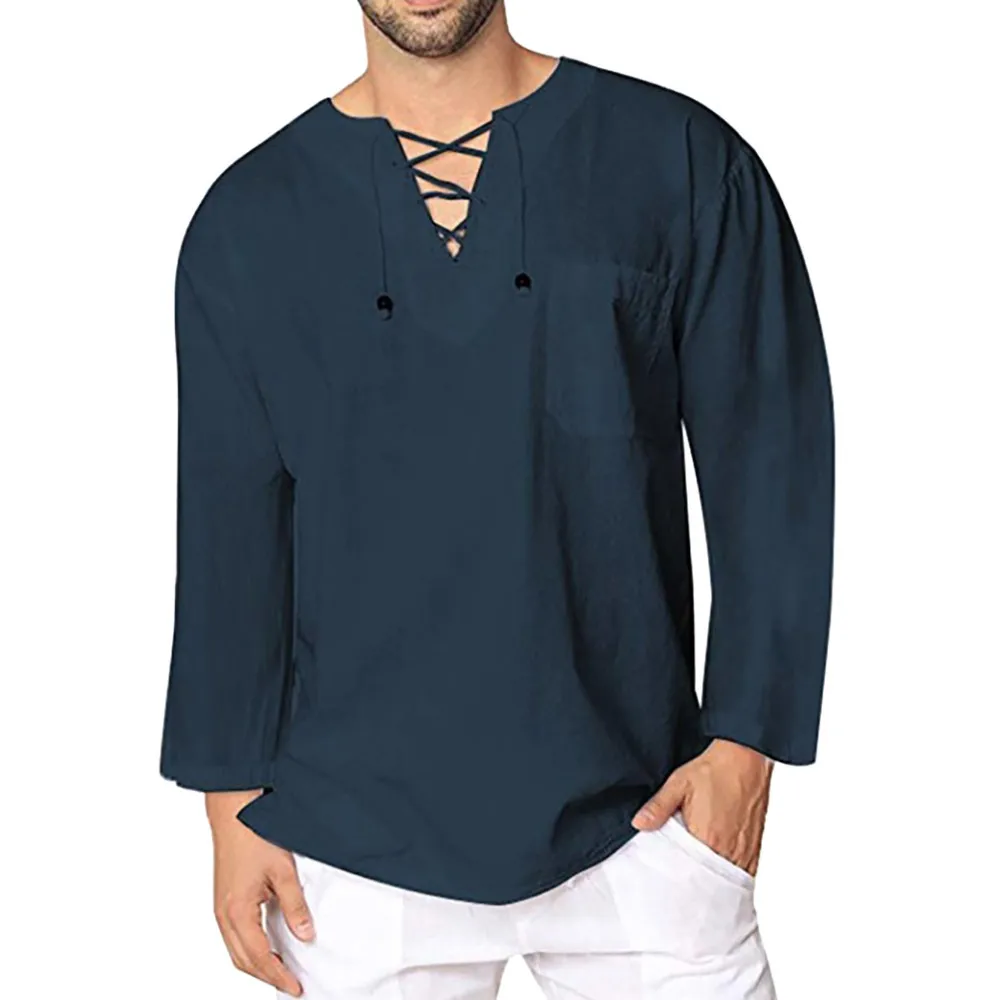 New Solid Color Cotton Linen Men's Shirts New Long Sleeves Casual Lace Up Shirts Men Lightweight Breathable Top Shirts