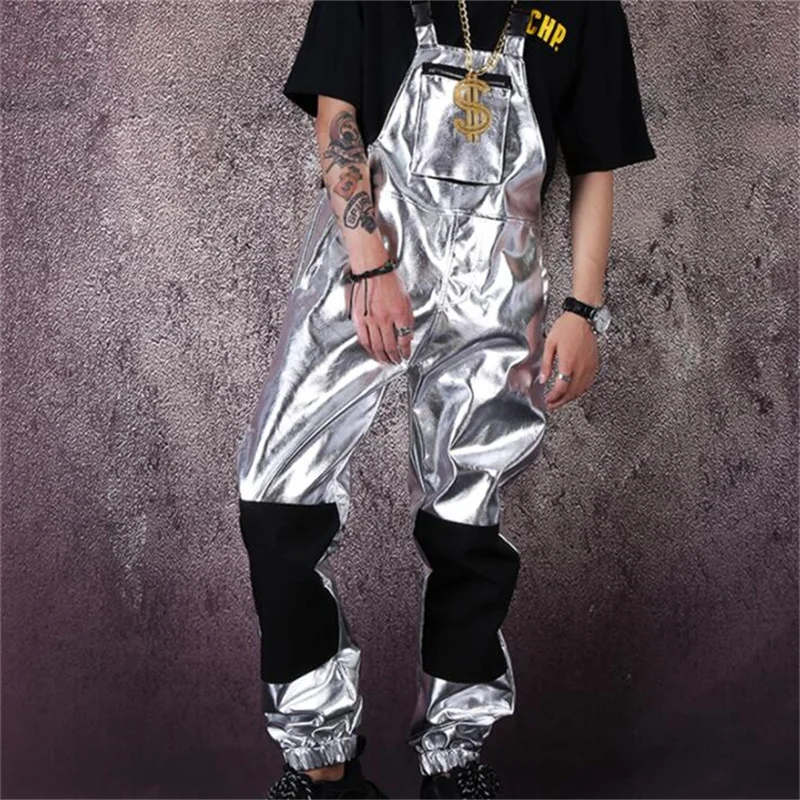 mens pants stage personality Silver Siamese Tooling Overalls pant men trousers singer street star style novelty b636