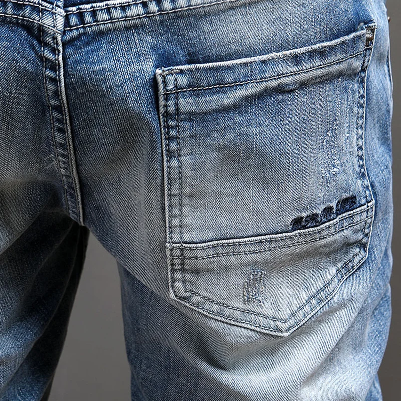 Vintage Fashion Men Jeans Retro Blue Elastic Slim Fit Hole Ripped Jeans Men Trousers Patched Designer Casual Denim Pants Hombre