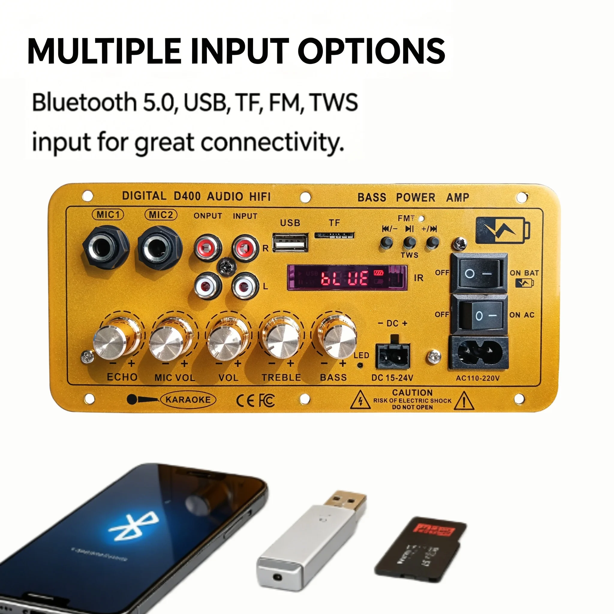 Фото Плата усилителя Woopker D400 Mono Bluetooth, 100 Вт, для домашнего использования, с двумя микрофонами, перезаряжаемая, цифровая. №4