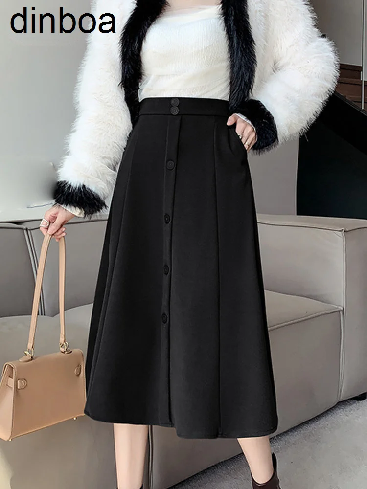 

Dinboa-black Skirt Women Black Single Breasted Office Lady High Waist A-line Mid-calf Elegant Korean Fashion Tweed Skirt Clothes