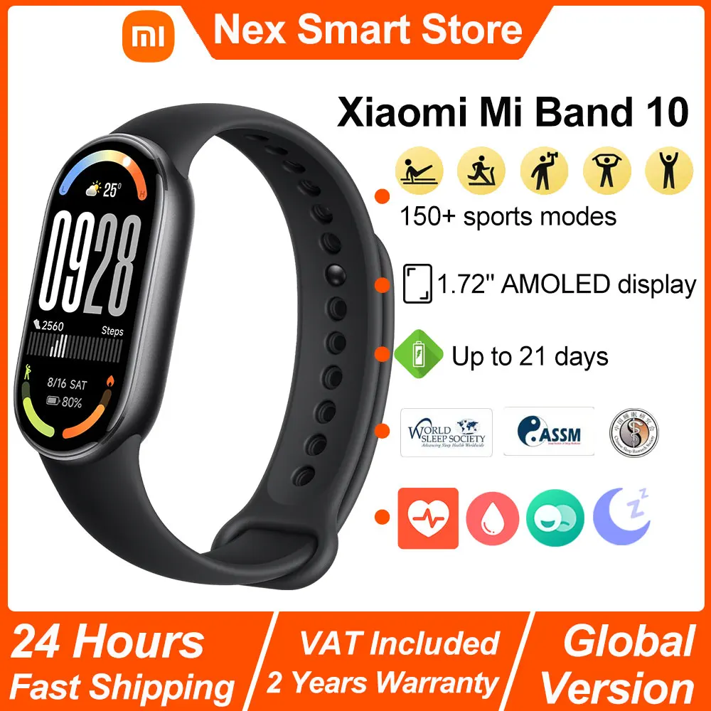 New Xiaomi Mi Band 10 Smart Bracelet, 1.72'' AMOLED Display,Heart Rate Blood Oxygen Monitoring,150+ Sport Modes BT5.4 Smart Band