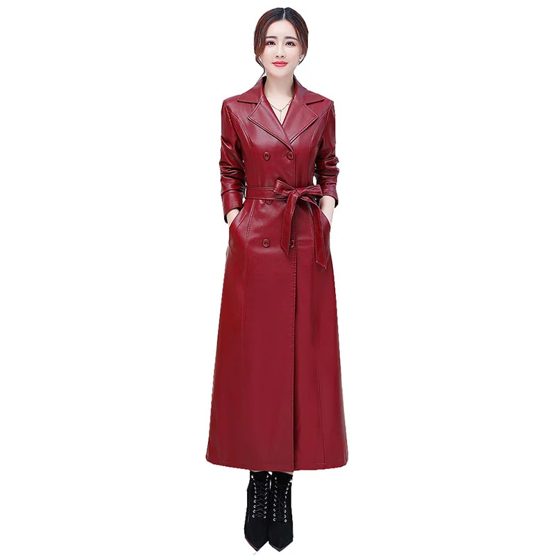 New Fashion Women Winter Leather Trench Elegant Slim Female Long Autumn Lady Plus Size Casual Sheepskin Coats OK1012