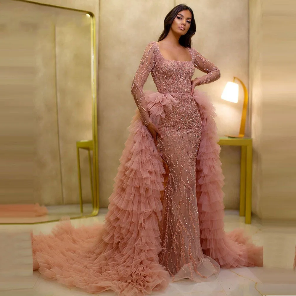

Laxsesu Dubai Prom Dresses 2023 Saudi Arabia Couture Beads Long Party Gowns With Detachable Train Evening Dress