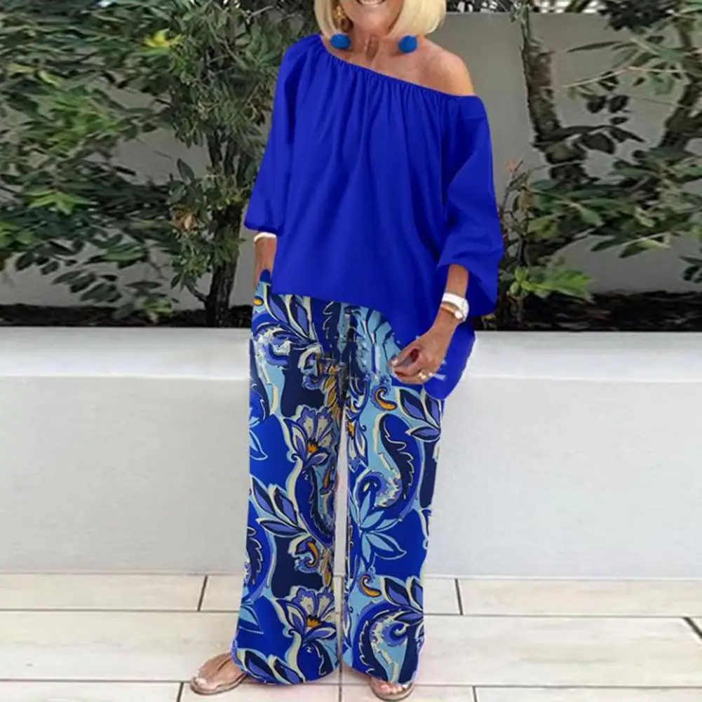 

2 Pcs/Set Chic T-shirt Blouse Suit Pullover Full Length Print Off Shoulder T-shirt Blouse Suit