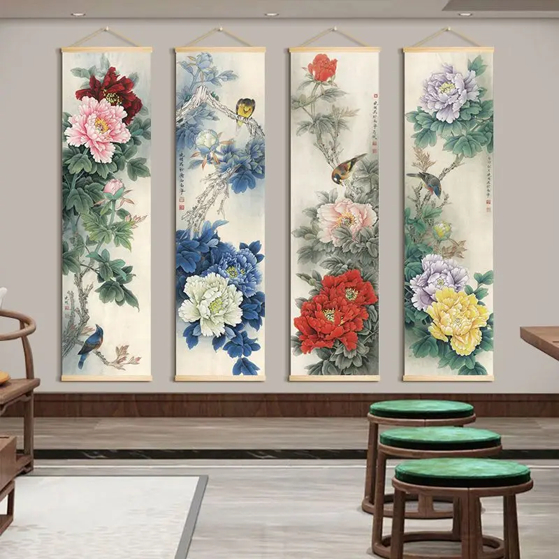 

Chinese Style Flower Scroll Wall Paintings Peony Picture Vintage Living Room Aesthetic Posters Wall Art Hanging Tapestry Decals