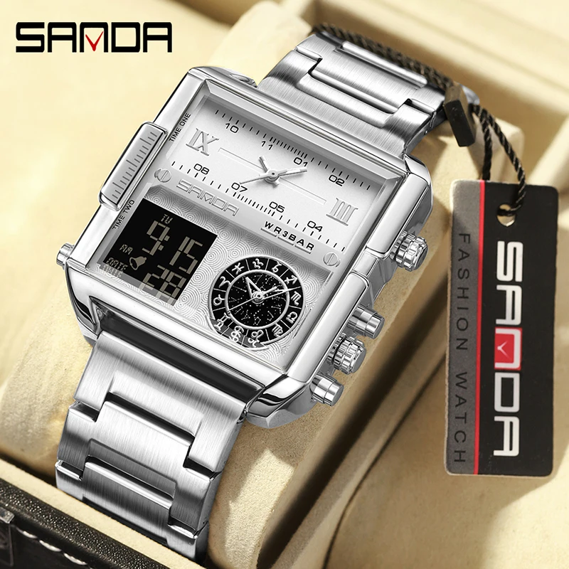 

Top Brand SANDA 3 Time Analog Light Electronic Wristwatch Steel Bracelet Digital Sport Watches Mens Waterproof Quartz Clock