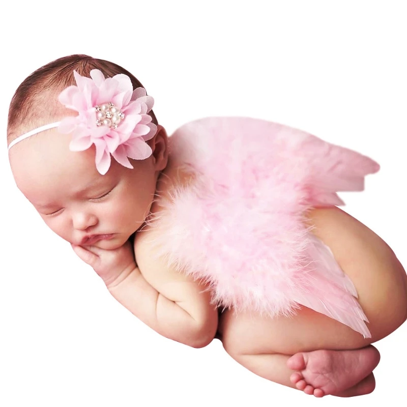 

Newborn Photography Props White/Pink Angel Wing Feather Wing Flower Hair Band Headband for Newborn Fotografia QX2D