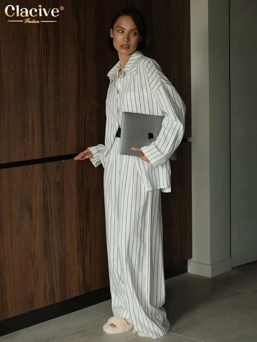 

Модный Свободный офисный комплект Clacive из двух предметов в полоску, женская одежда 2023, Элегантная блузка с длинным рукавом и широкие брюки с высокой талией