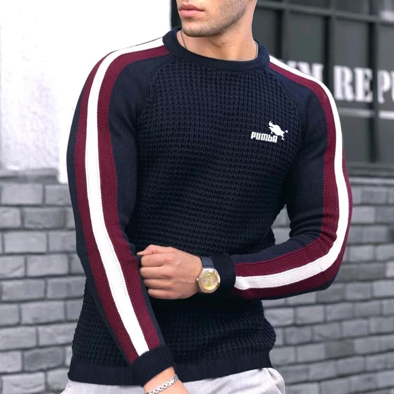 Men's autumn and winter new waffle print pullover bottoming shirt men's color-blocking high-quality casual knitted sweater