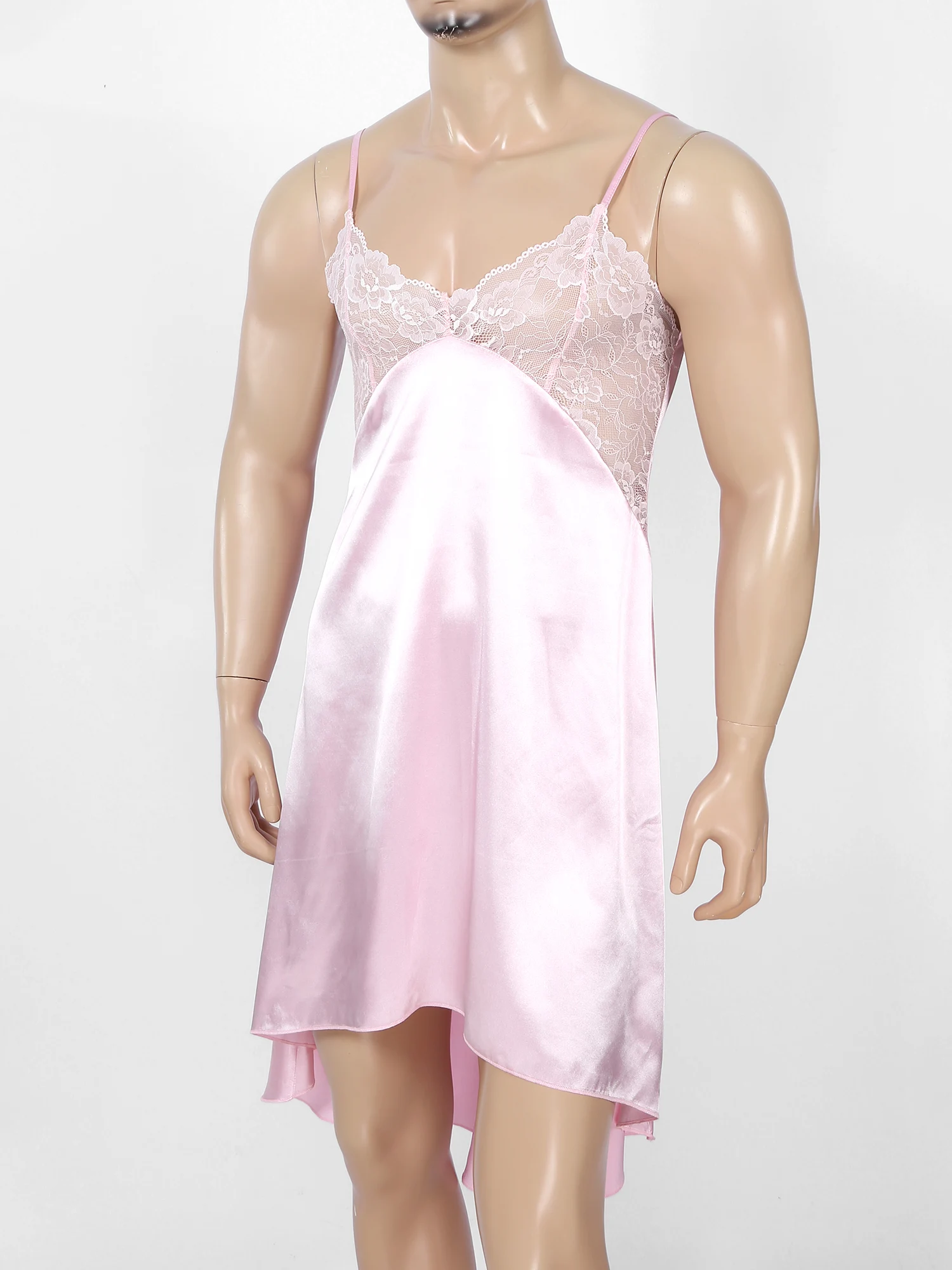 Men's Sissy Lingerie Satin Silky Spaghetti Straps V-Neck Sleep Dress Teddy Chemise Crossdresser Nightwear Pajamas Sleepwear