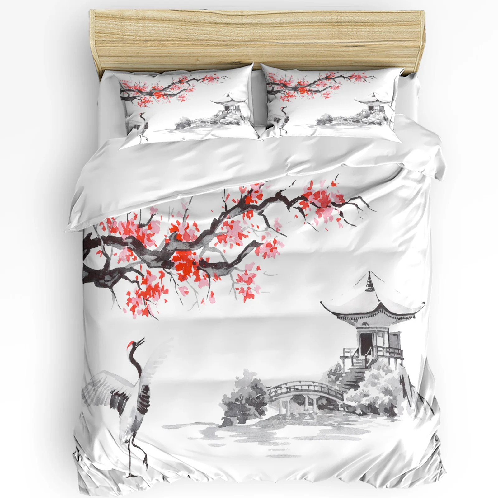 

Crane Plum Tree Pavilion Ink Flower Chinese Style Duvet Cover 3pcs Bedding Set Home Textile Quilt Cover Pillowcases No Sheet