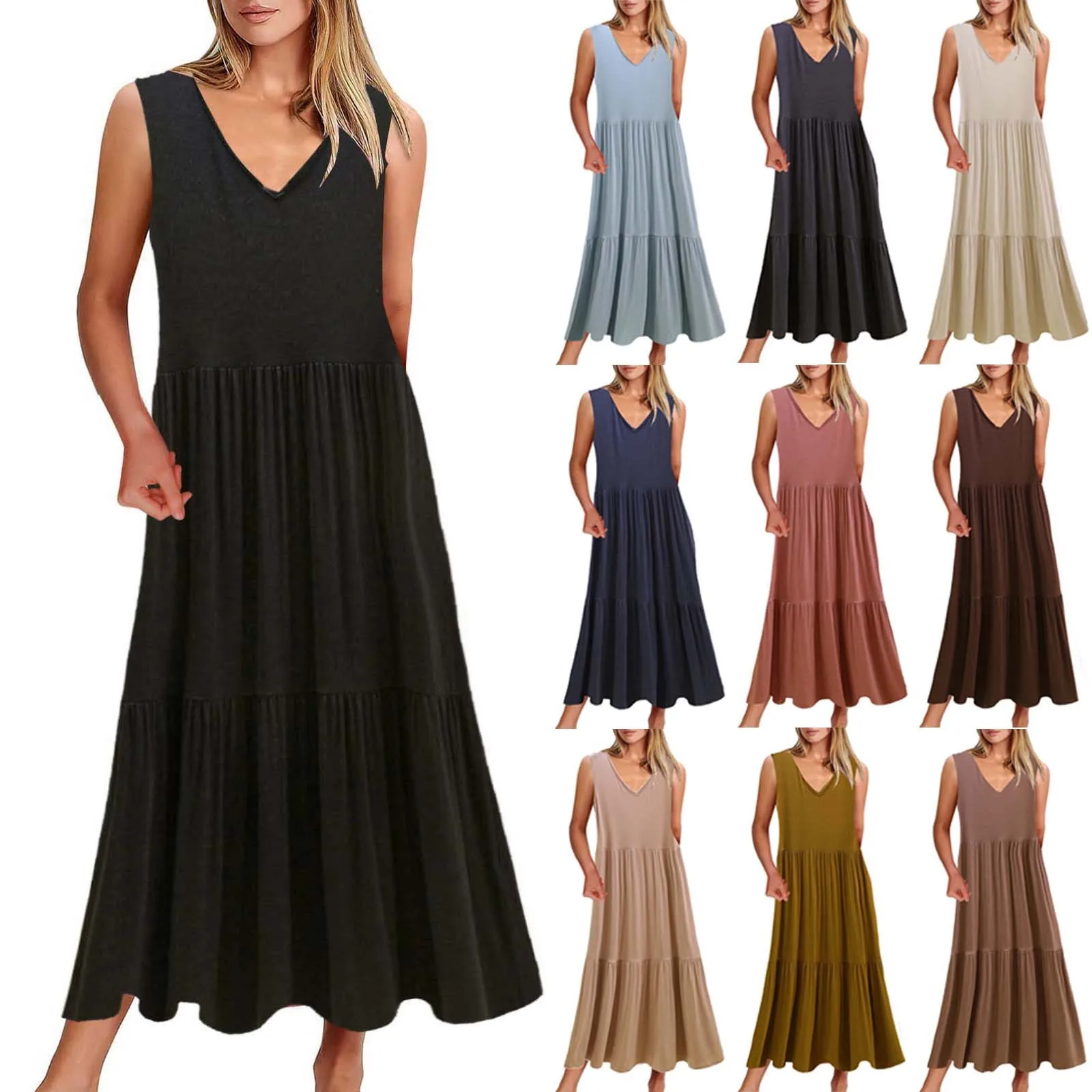 Solid Loose Women Dresses Tanks Sleeveless Solid Color Thin Splicing Large Hem O Neck Midi Dress Streetwear 2023 Summer Dress