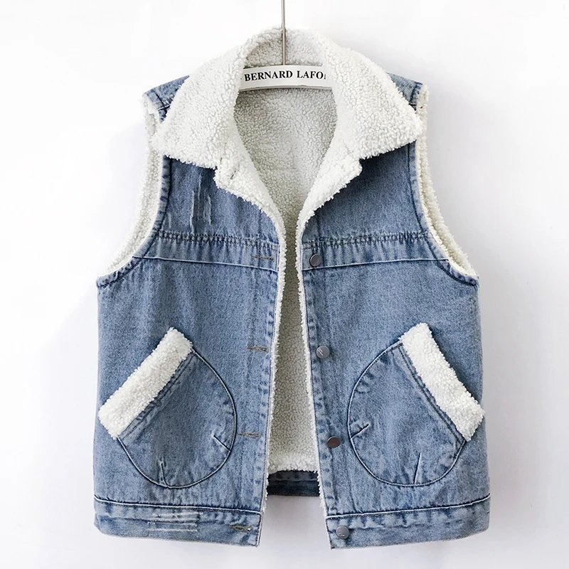 

Winter Lamb Fleece Liner Denim Vest Women Waistcoat Cowboy Sleeveless Jacket Coat Loose Short Splicing Pocket Jeans Vests Female