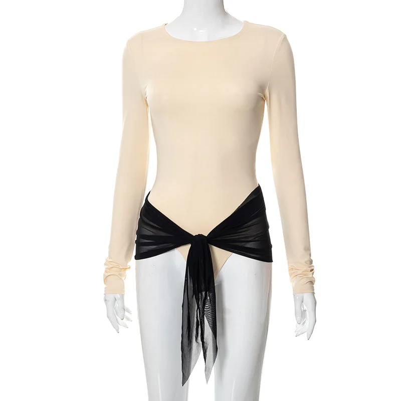 2023 Summer European And American Women's New Clear Color Long Sleeve Bodysuit Mesh Half Skirt Set