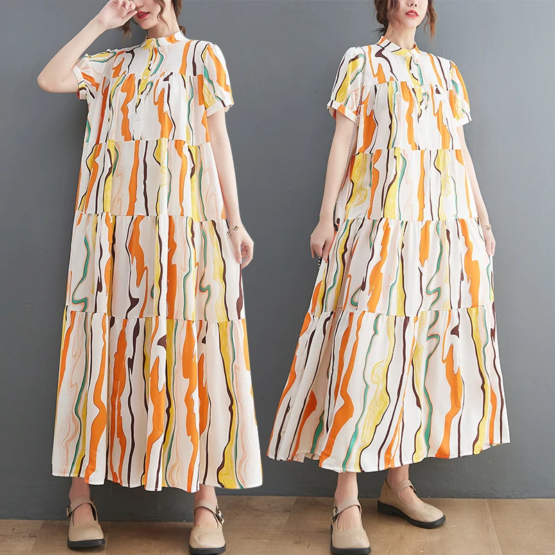 Женское платье в полоску повседневное свободное составного кроя Корейском стиле