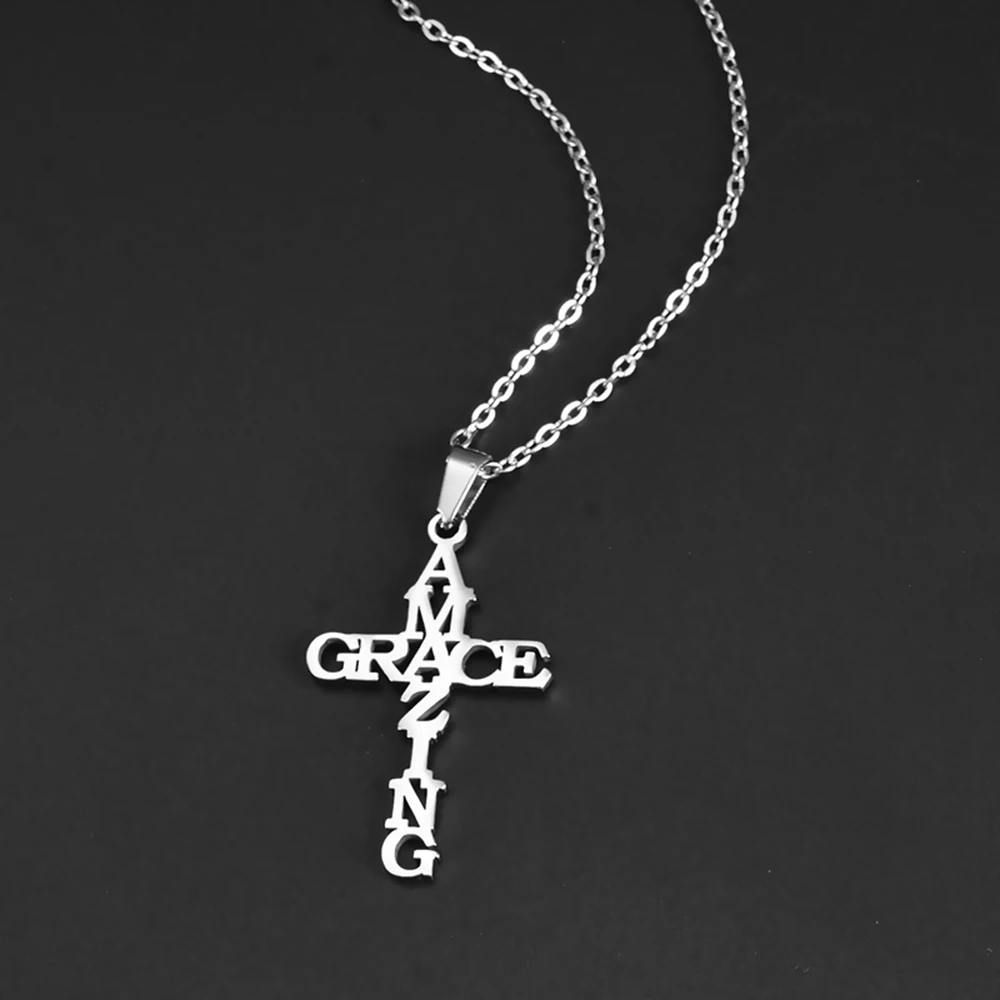 

Amazing Grace Cross Necklace For Women Men Stainless Steel Chains Religion Jesus Pendants Prayer Gifts with 20"(50cm) Chain