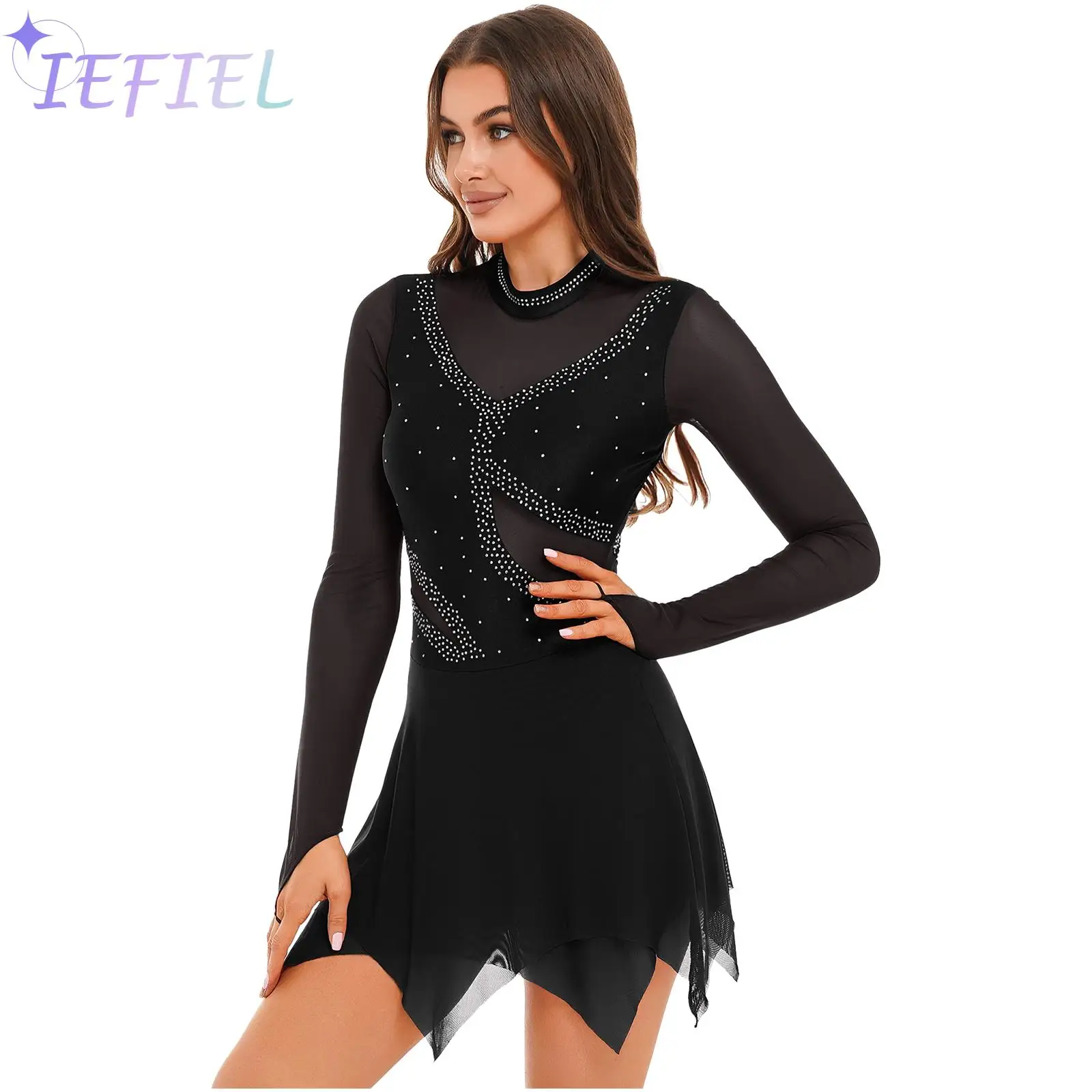

Womens Lyrical Dance Costume Modern Contemporary Ballet Dancewear Long Sleeve Dresses Mesh Overlay Skirts