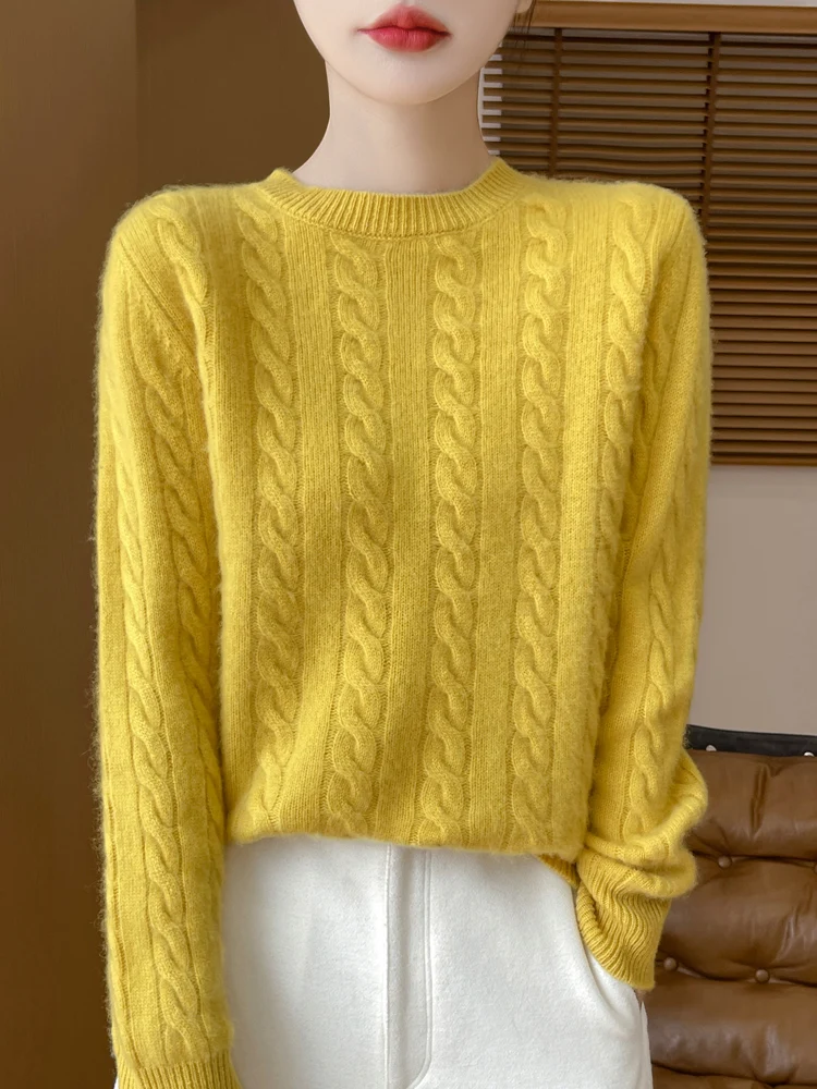 2024 осенне-зимний женский свитер с круглым вырезом витой 00% чистый горный пуловер