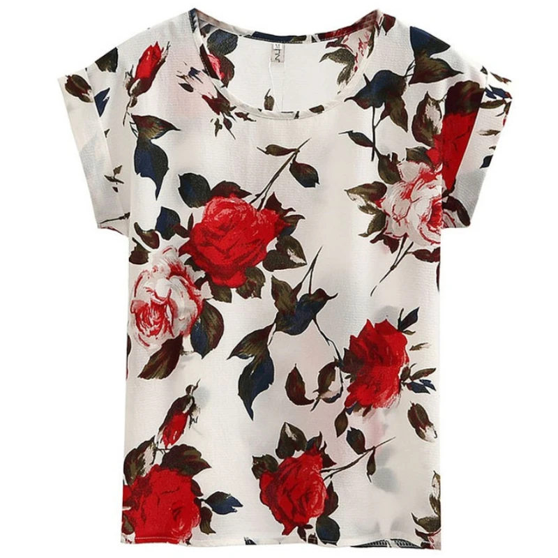 

Summer Blouses Blusas Mujer Women's Flower Print Floral Short Sleeve Chiffon Shirt Holiday Wear Tunic White womens tops blouse