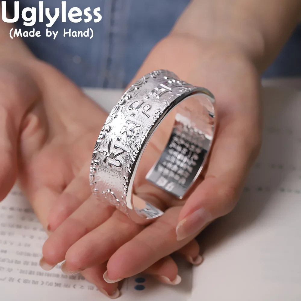 

Uglyless Solid 999 Fine Silver Jewelry Women Heart Sutra Buddhistic Open Bangles Thai Silver Mantra Bangles Silver Bijoux BA730