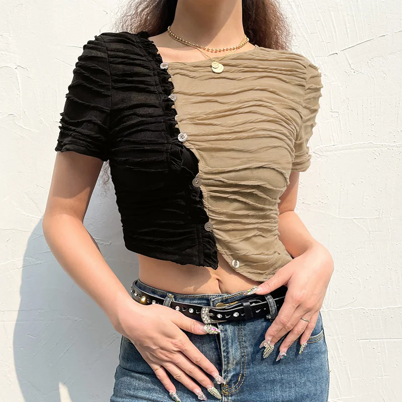 

Summer Solid Contrast Color Pleated Crop Tops Women Short Sleeve Irregular Button Down Slim Novel T-shirts Fashion Streetwear