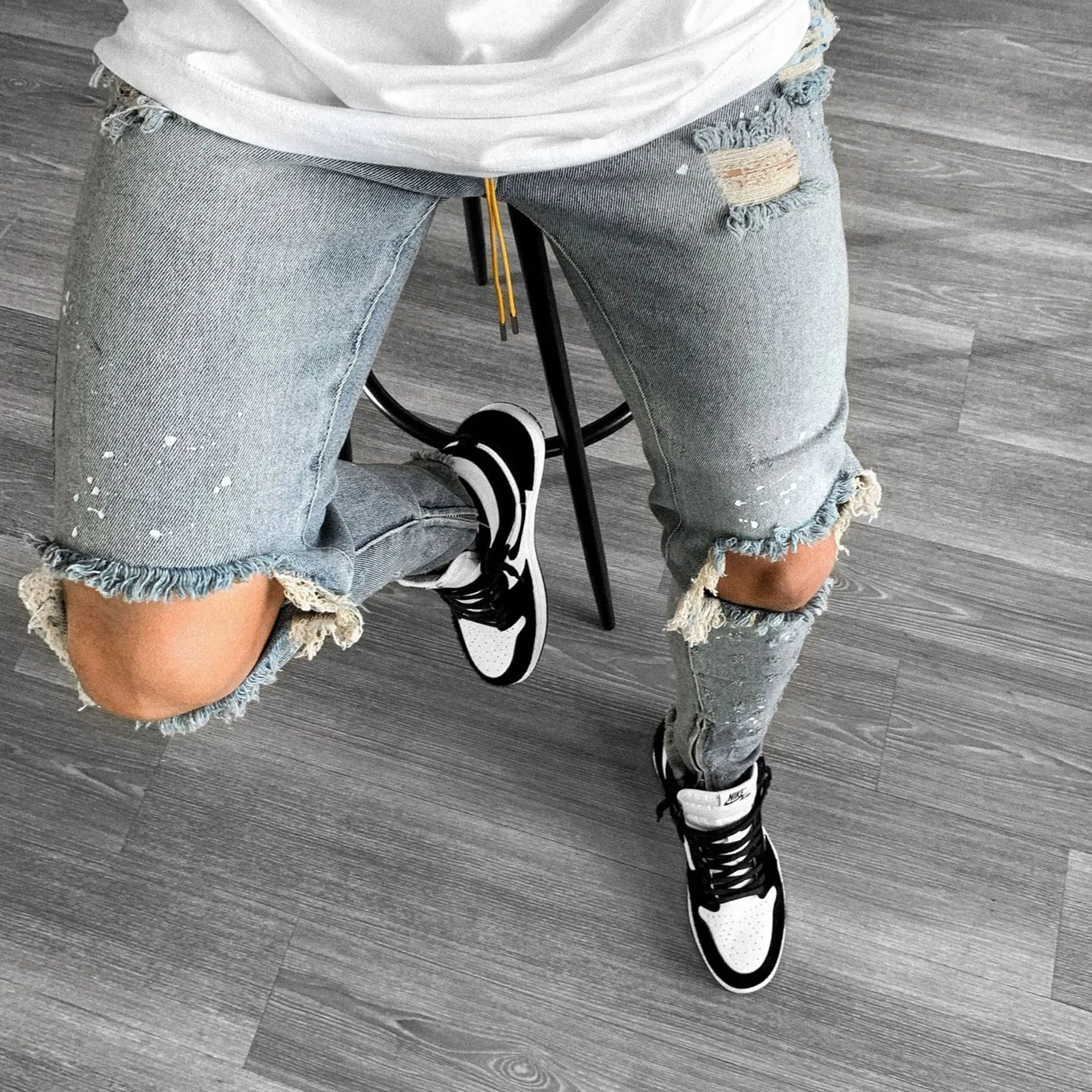 Men Jeans Knee Hole Ripped Stretch Skinny Denim Pants Solid Color Black Blue Autumn Summer Hip-Hop Style Slim Fit Trousers 2022