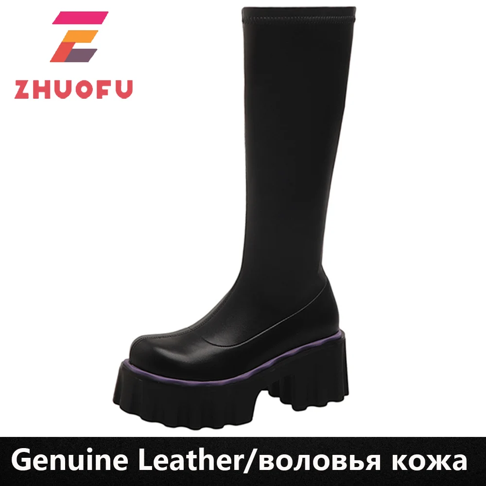 

ZHUOFU 2023 Women Winter Waterproof Platform Fashion Genuine Leather Round Toe Chunky Heels Knee-High Boots