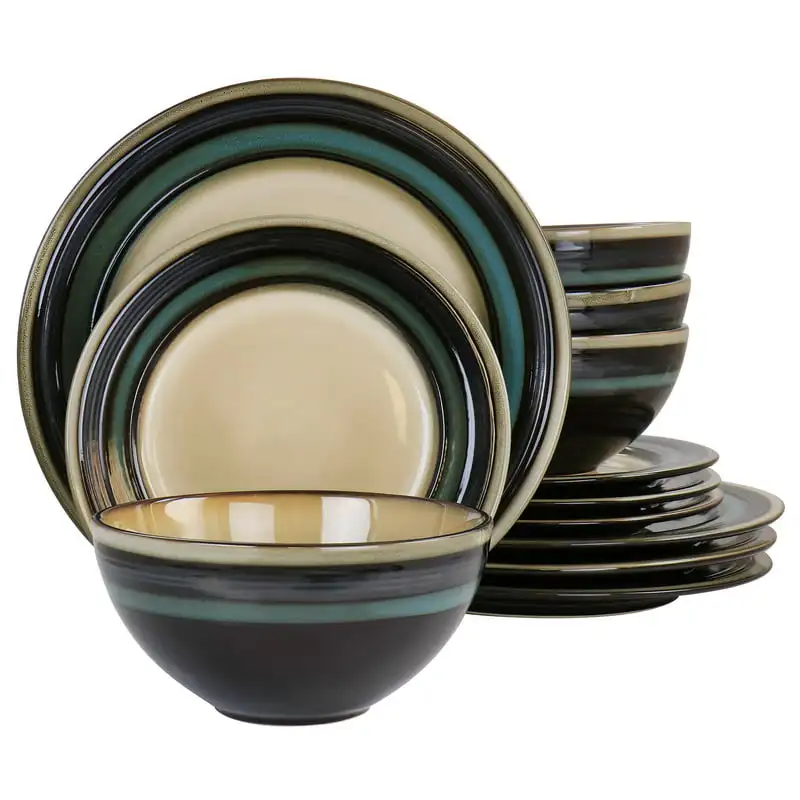 

Everston 12 Piece Stoneware Dinnerware Set in Teal Utensils For Kitchen