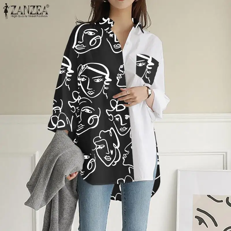 

Блузка ZANZEA Женская с длинным рукавом, праздничная Повседневная рубашка в стиле пэчворк, модный топ с асимметричным подолом, весна 2022