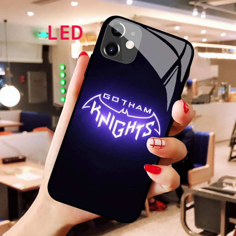 

Batman Luminous Tempered Glass phone case For Apple iphone 13 14 Pro Max Puls mini Luxury Fashion RGB LED Backlight new cover