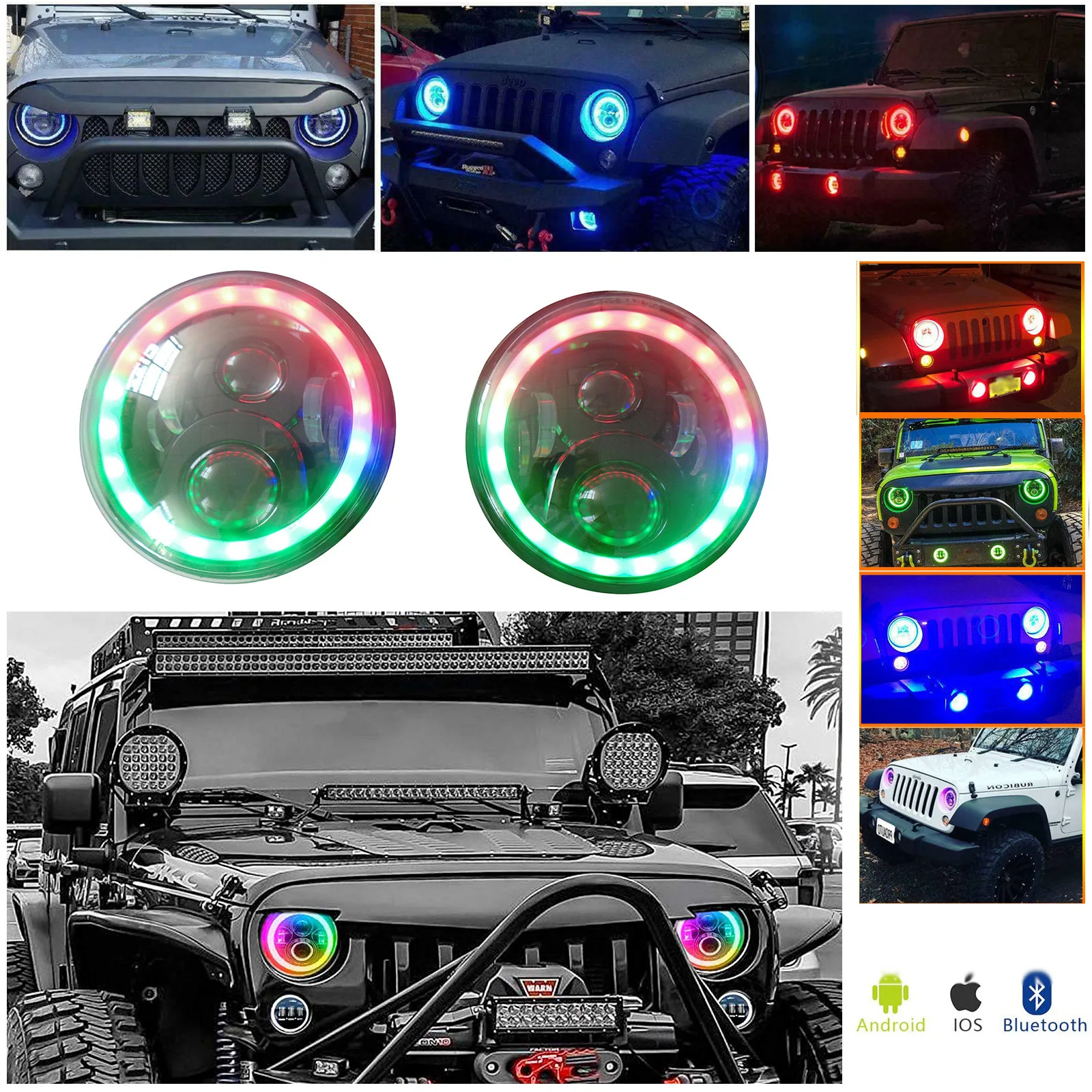 

7 inch LED Headlights Halo RBG for Jeep Wrangler JKU JK LJ CJ TJ Sahara Sport Rubicon Accessories 7 Inch Headlamp 1997~2018