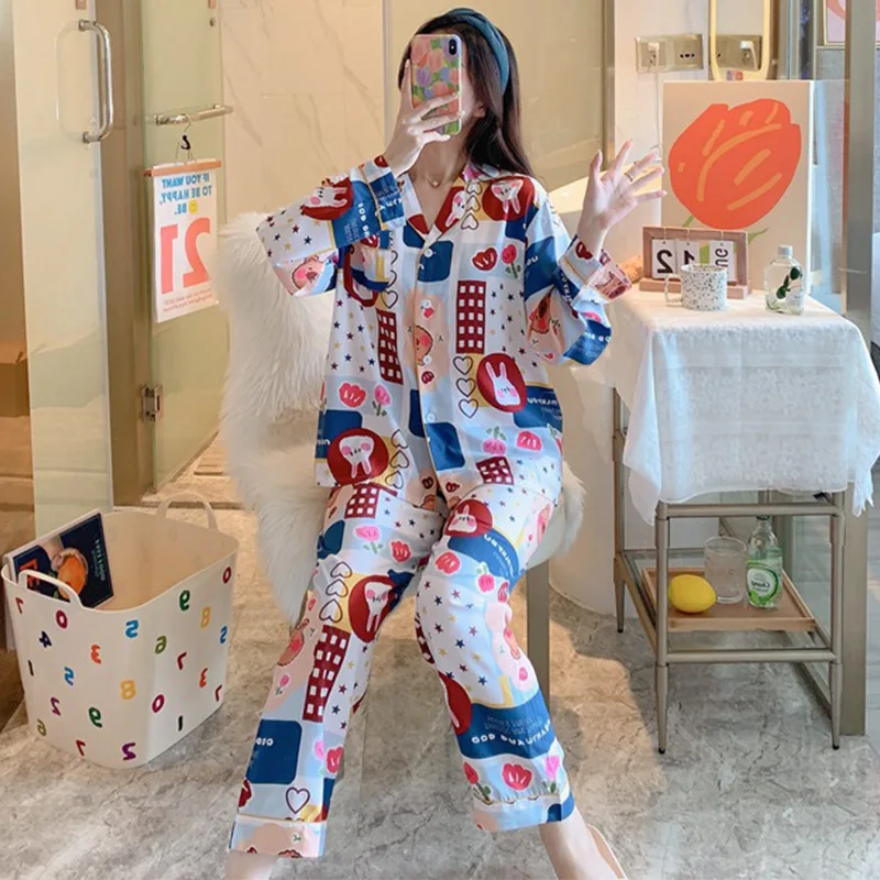 Pajamas Spring and Autumn Cotton Long Sleeve New Lapel Loose Thin Women's Home Wear Two-Piece Suit