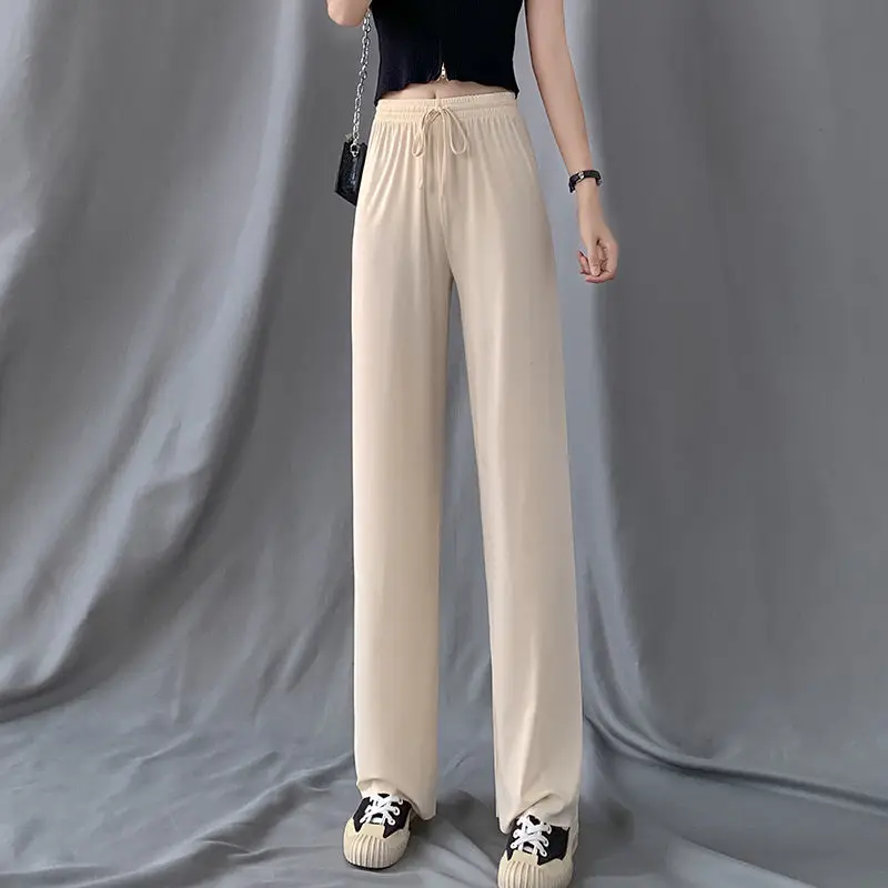 

Slacks Women's Clothing Loose Summer Pants Soft Ice Silk Ankle-Length Black Blue Leg Pants Female High Waisted Trousers Everyday