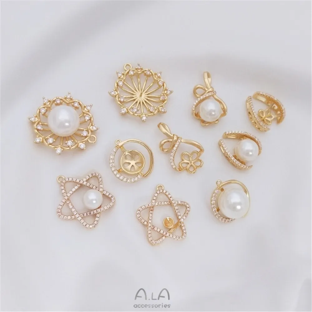 

14K gold wrapped zircon money bag star crystal pearl half hole bead pendant DIY handcrafted necklace empty pendant