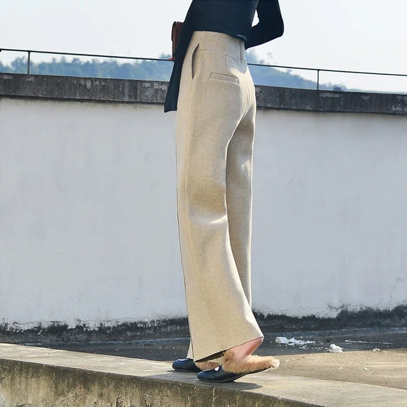 

Women Woolen Pants Autumn Winter 2022 New Casual Solid Elastic Waist Wide Le Pants Full Length Trousers S-XXL Pantalon X803
