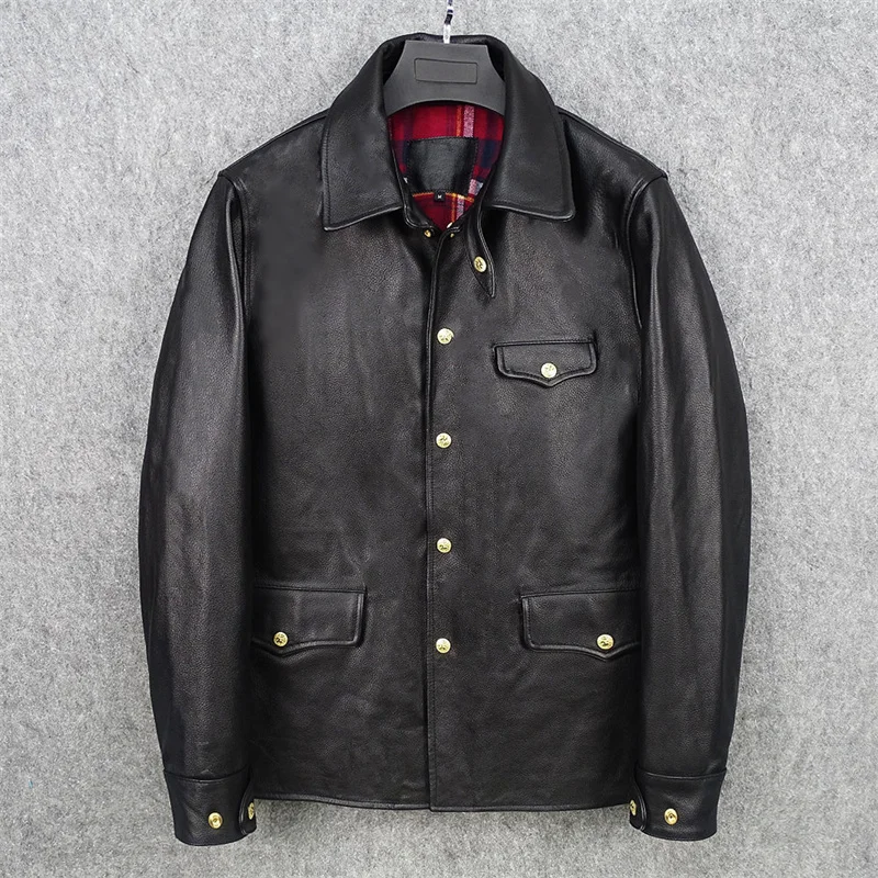 

Free shipping.cheap men genuine leather jacket.black slim quality cowhide coat.wholesales leather cloth.brakeman style
