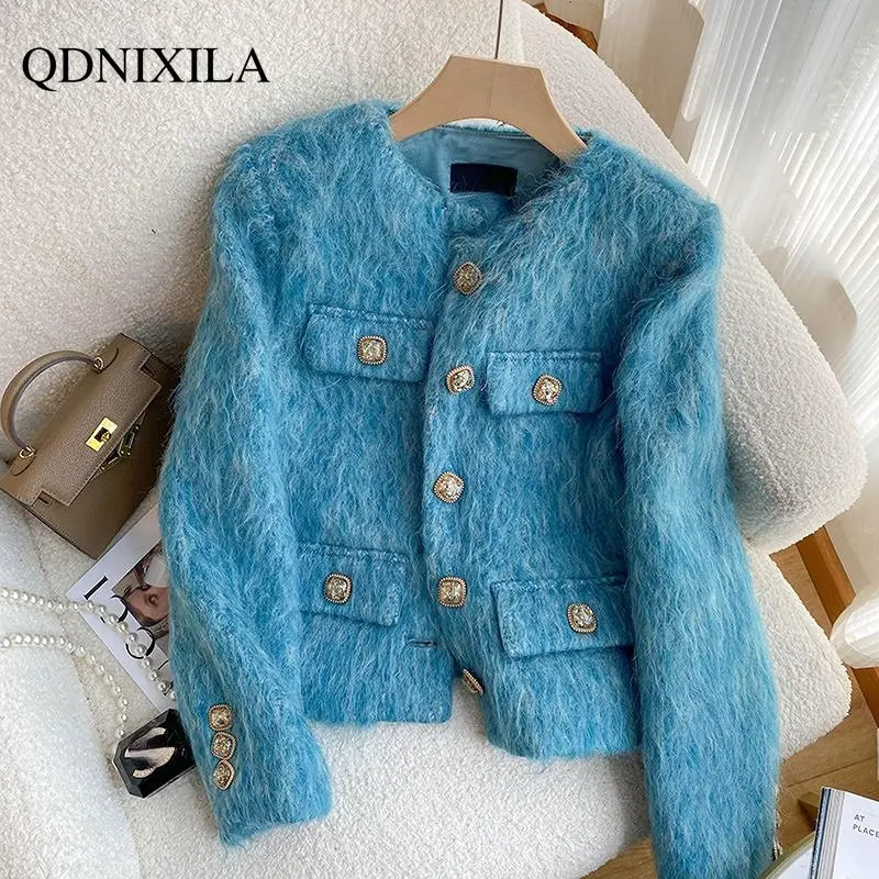 

Blue Small Fragrant Short Coat Women's 2023 New Outerwear Wool Coat and Blends Women Jacket Korean Fashion Jackets for Women