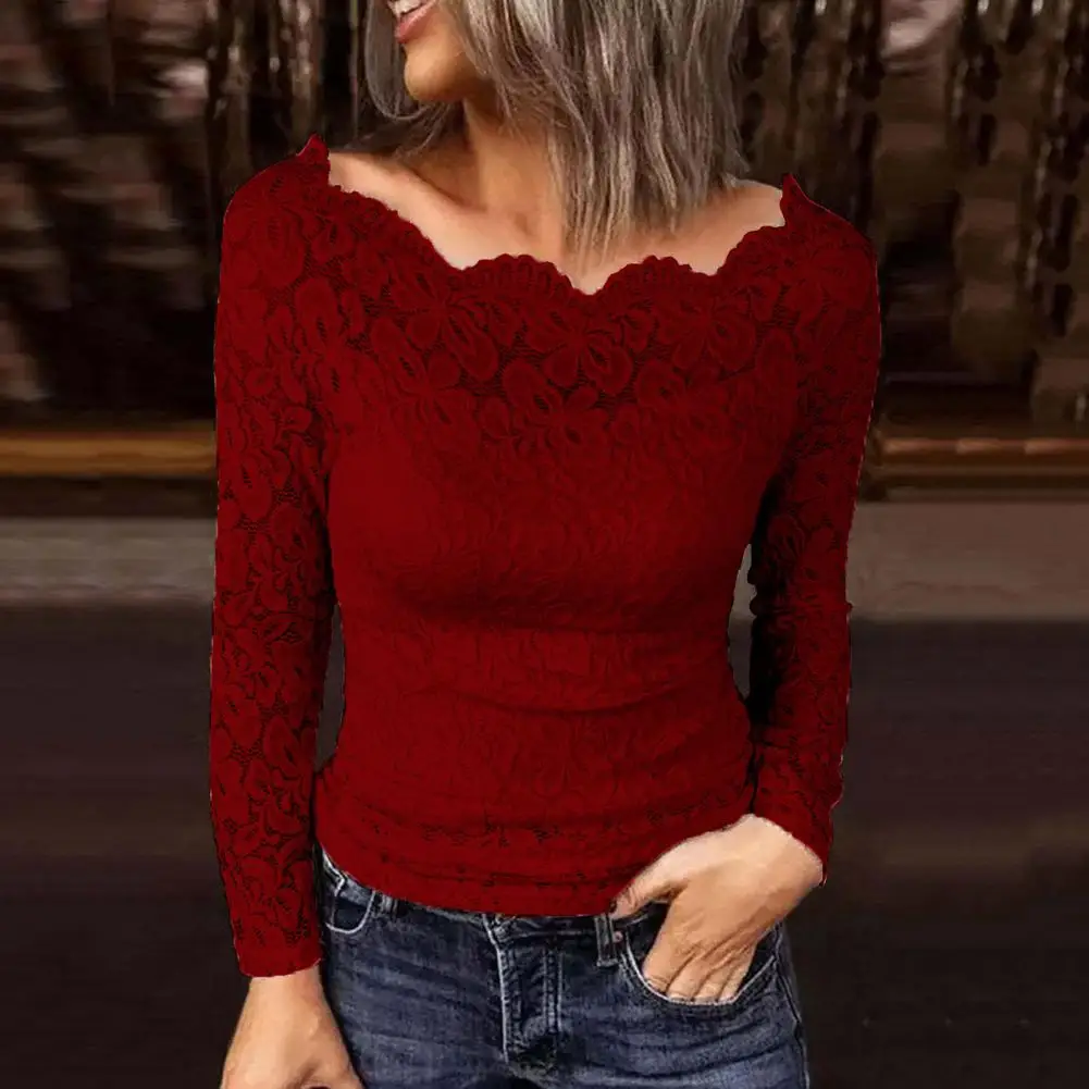 

Топ женский с открытыми плечами и длинным рукавом, кружевная блузка с вышивкой, облегающая Однотонная рубашка, уличная одежда