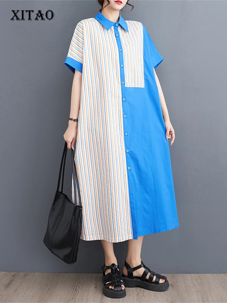 

XITAO Striped Dress Fashion Women Goddess Fan Single Breasted Goddess Fan Casual Style Loose 2023 Summer Elegant Dress WLD11528