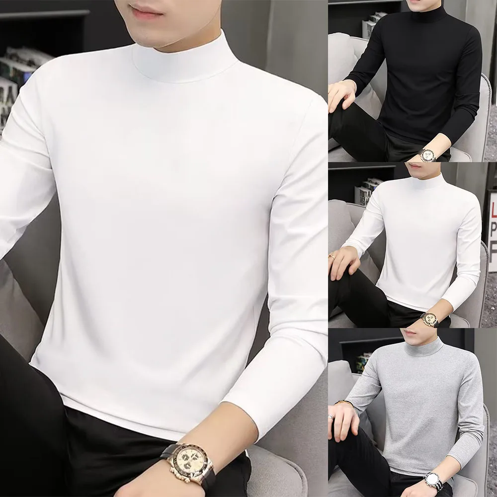 

Men Base Shirt Half-high Collar Solid Color Slim Fit Long Sleeves Soft Pullover Basic Close-fitting Autumn Tops For Daily Wear