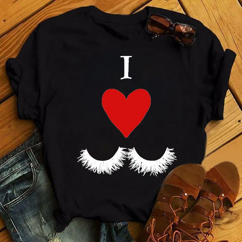 

New Fashion Women T-shirts L Love Eyelash Print Tops Cute Graphic Tshirt Female Aesthetic Short Sleeve Tee 90s Lady Top Clothes