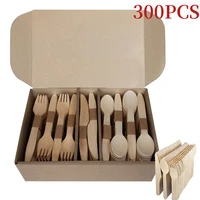 240300pcs disposable wooden cutlery set home party dessert spoons knives forks tableware supplies wedding birthday spoons