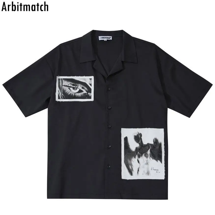 

Harajuku Hip Hop 2023 Summer Y2k Buttons Short Sleeve Shirt Men Patch Splice Design Loose Gothic Streetwear Female Clothing Tops