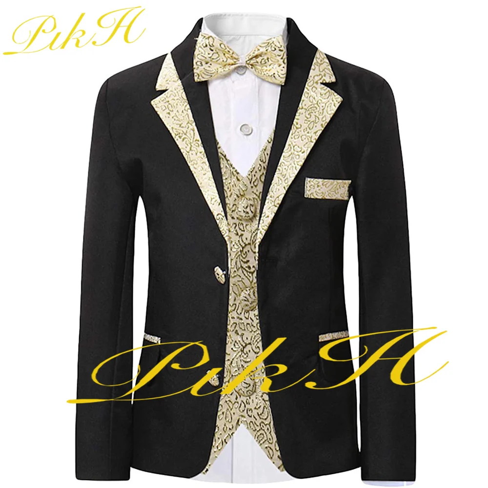 Black Gold Flower Boy Suit Three Piece Jacket Vest Pants Tuxedo for Wedding Slim Kids Blazer Child Full Outfit